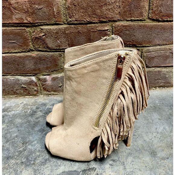 Qupid Nude Suede Studded Vertical Fringe Peep Toe Cutout Stiletto Bootie - Picture 3 of 10